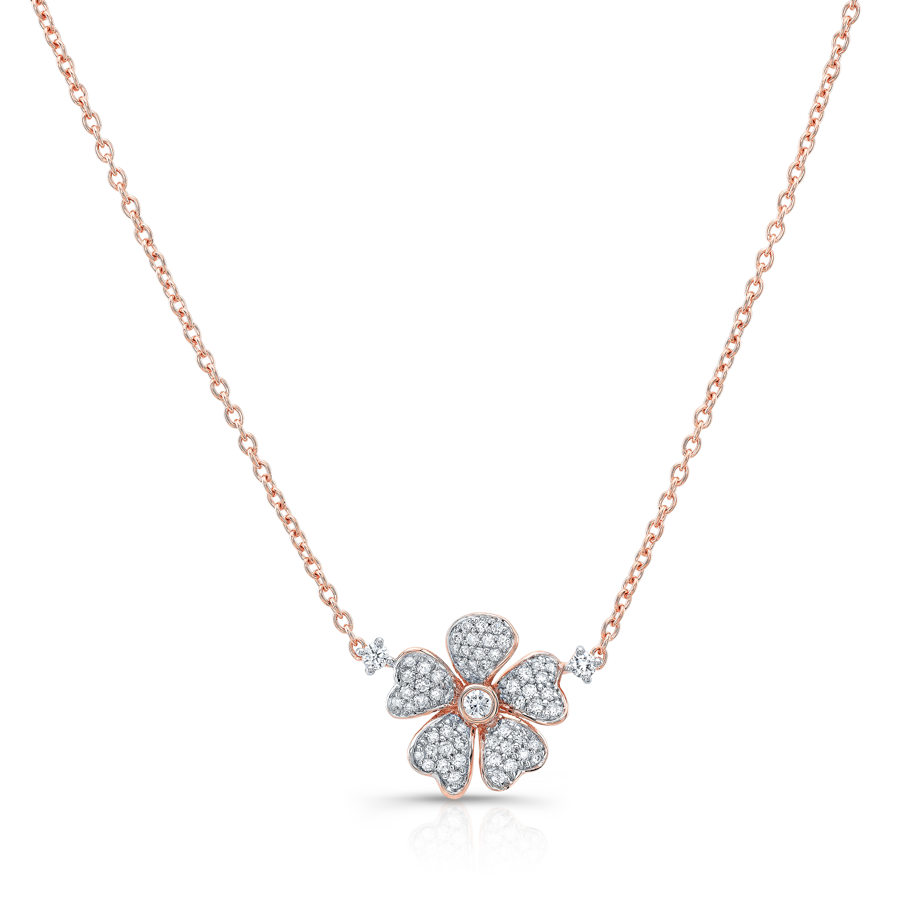 White Quartz Flower Pansy Necklace, 18K Rose Gold